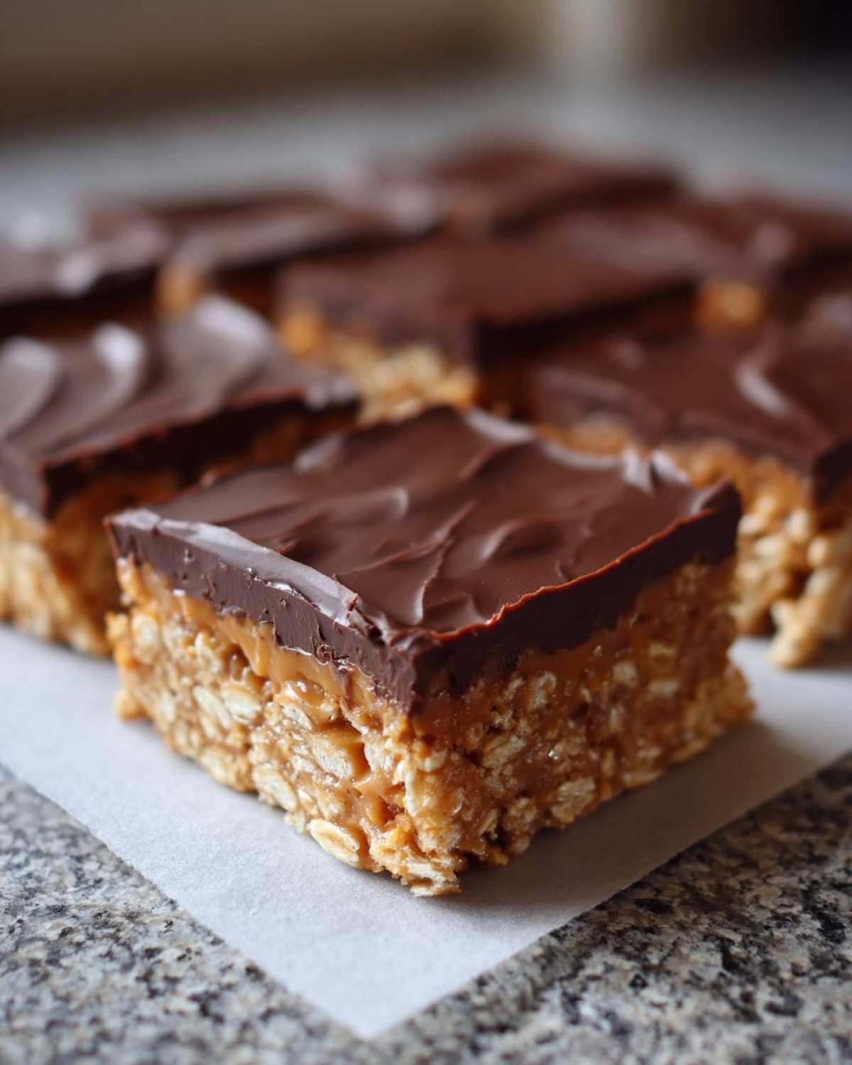 A square of No-Bake Chocolate Peanut Butter Oat Bars showing the layered oat base, peanut butter filling, and chocolate topping.