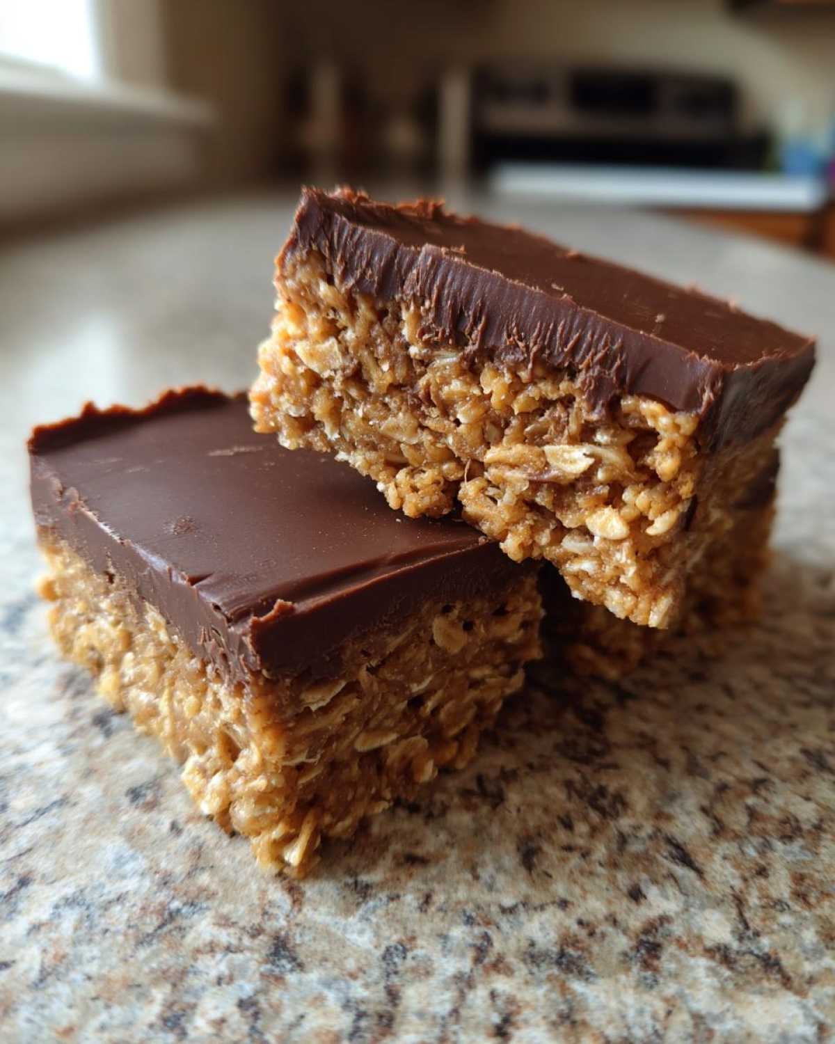 Two stacked squares of No-Bake Chocolate Peanut Butter Oat Bars showing the thick oat base and smooth chocolate topping.