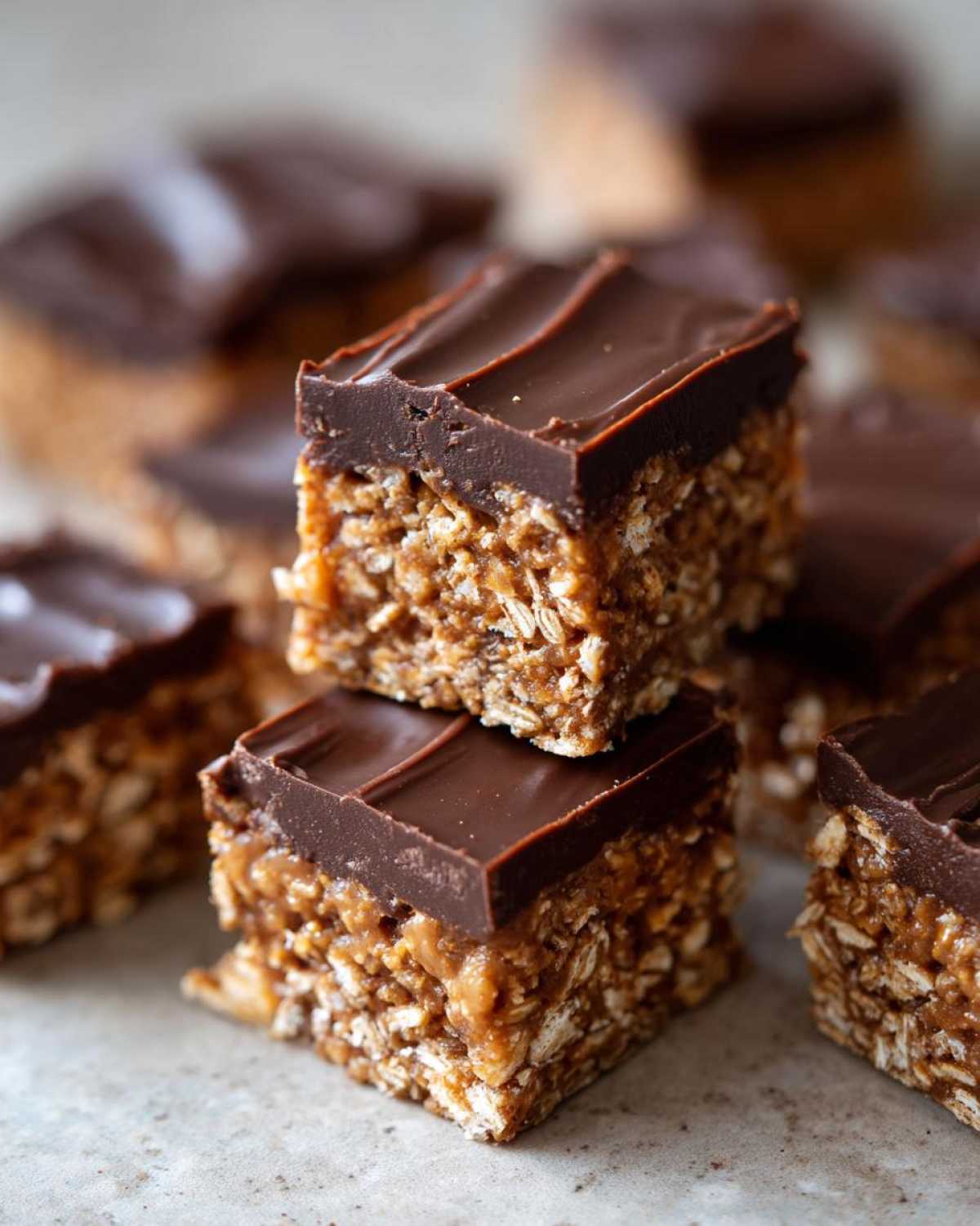 Two stacked squares of No-Bake Chocolate Peanut Butter Oat Bars with a thick chocolate topping.