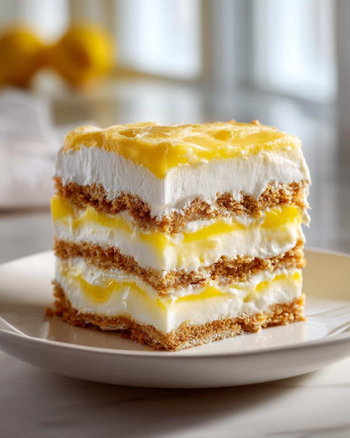 A tall, layered slice of No-Bake Lemon Icebox Cake featuring graham cracker crust, white cream, and bright yellow lemon filling.