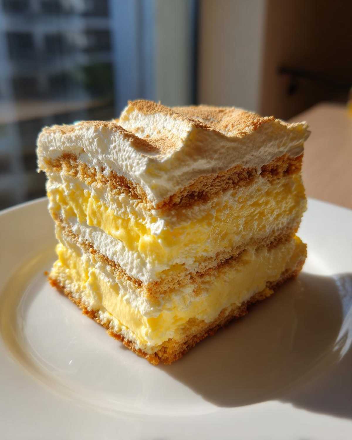 A tall, layered slice of No-Bake Lemon Icebox Cake featuring yellow cream, white whipped topping, and graham cracker layers.