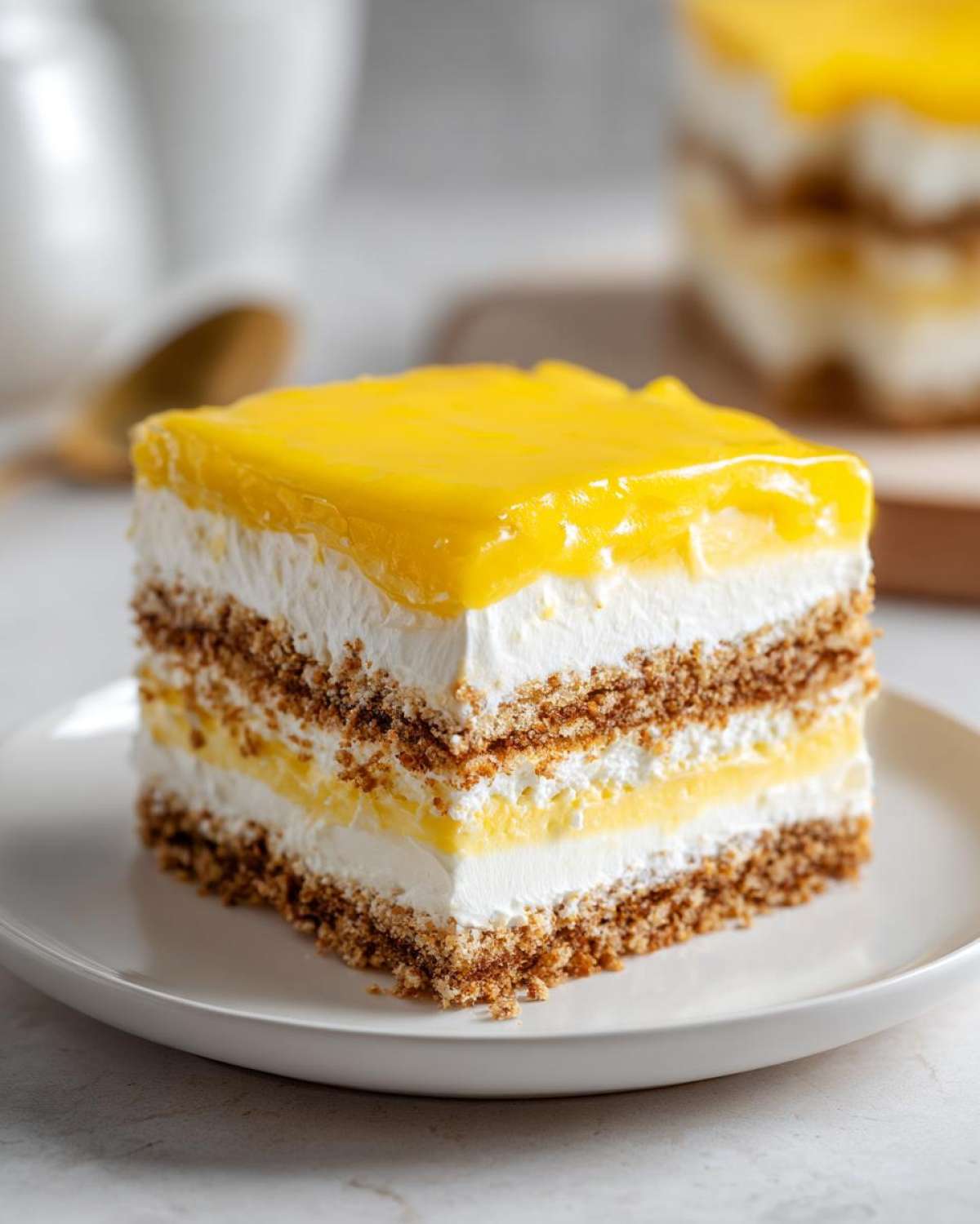 A perfect square slice of No-Bake Lemon Icebox Cake showing layers of graham cracker crust, cream, and bright yellow lemon topping.