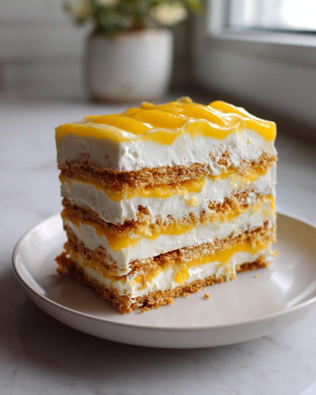 A tall slice of No-Bake Lemon Icebox Cake showing layers of graham crackers, cream, and bright yellow lemon topping.