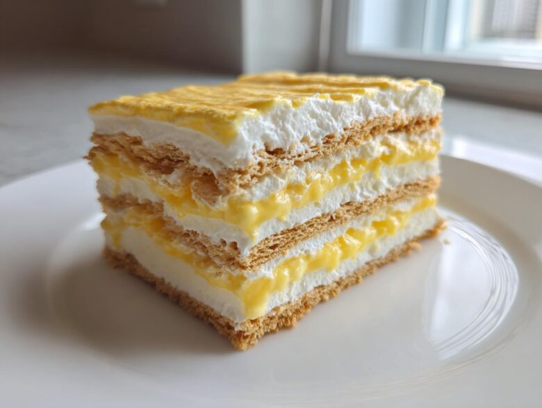 A layered slice of No-Bake Lemon Icebox Cake showing graham crackers, lemon curd, and whipped cream.