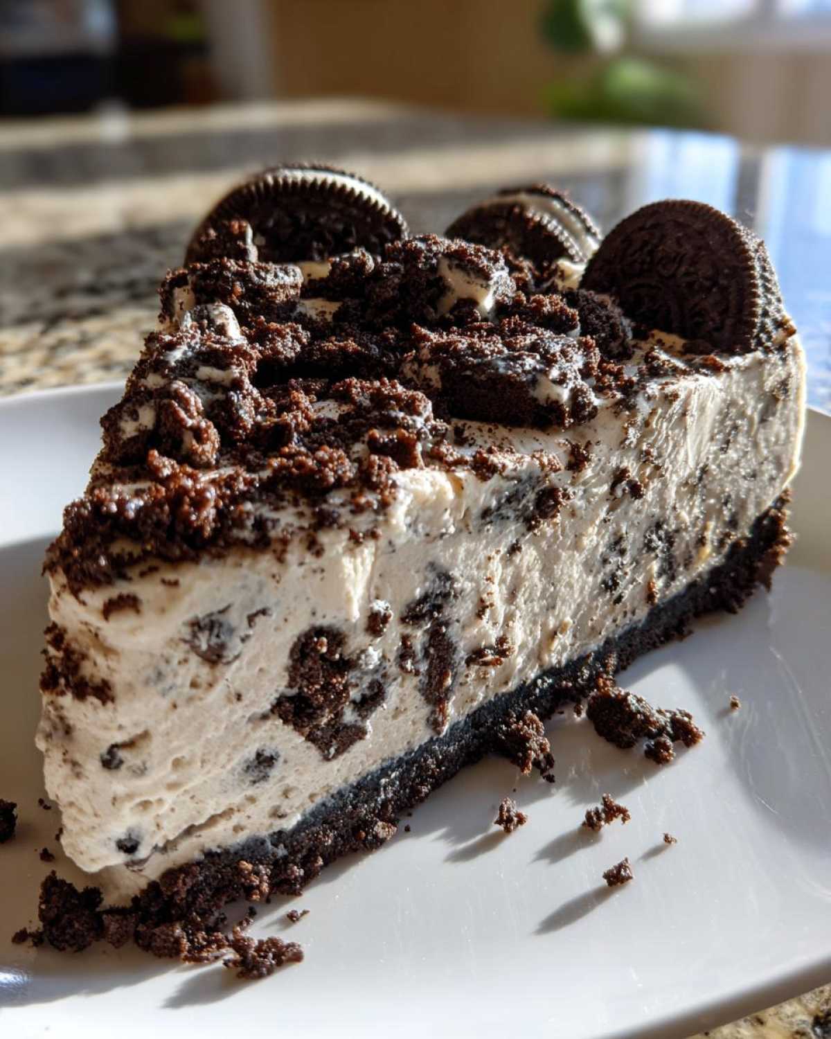 A generous slice of No-Bake Oreo Cheesecake with a creamy filling, dark Oreo crust, and topped with crumbs and whole cookies.