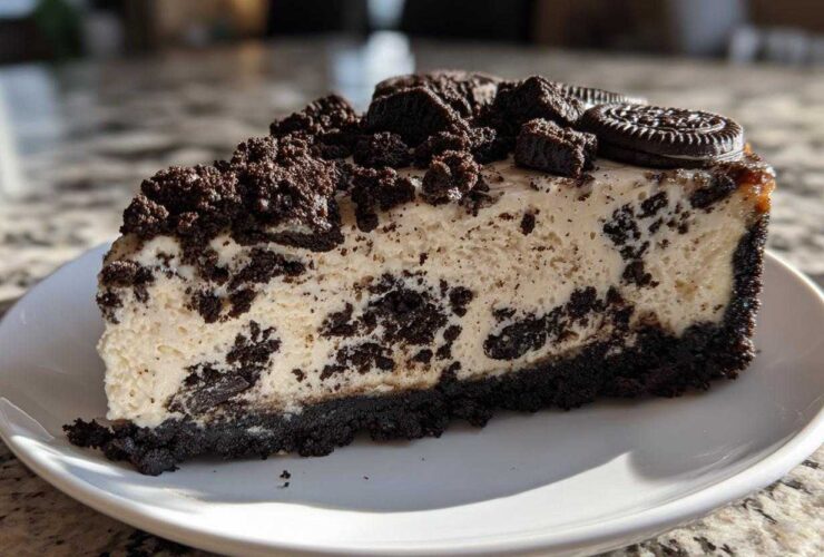 A rich slice of No-Bake Oreo Cheesecake showing the creamy filling mixed with cookie pieces on a white plate.