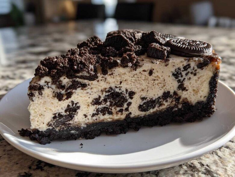 A rich slice of No-Bake Oreo Cheesecake showing the creamy filling mixed with cookie pieces on a white plate.