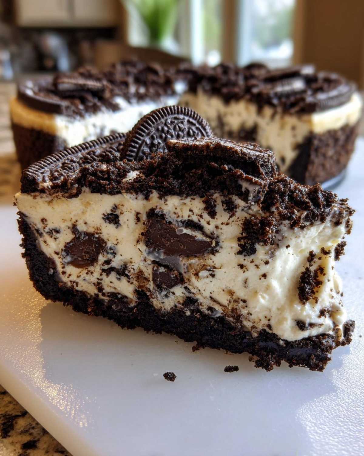 Close-up of a slice of No-Bake Oreo Cheesecake showing creamy filling with chocolate chunks and Oreo crust.