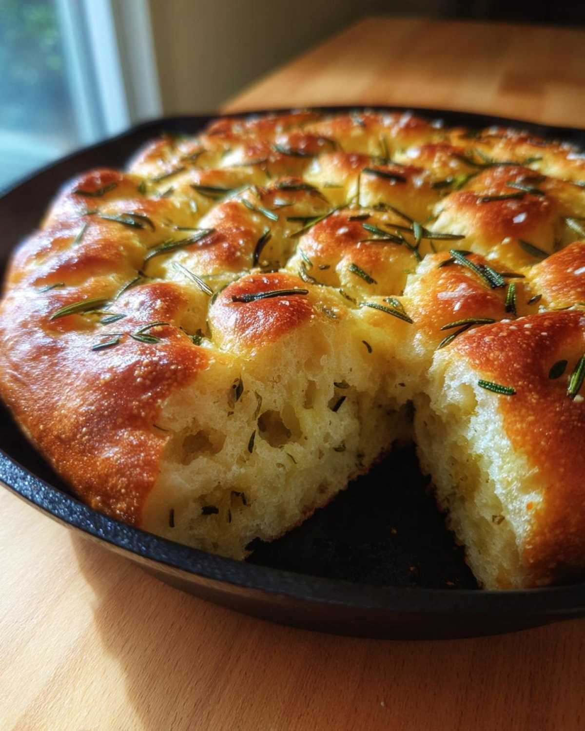 A golden, dimpled No-Knead Skillet Focaccia with Rosemary, topped with herbs and sea salt, shown in a cast iron skillet with a piece cut out.