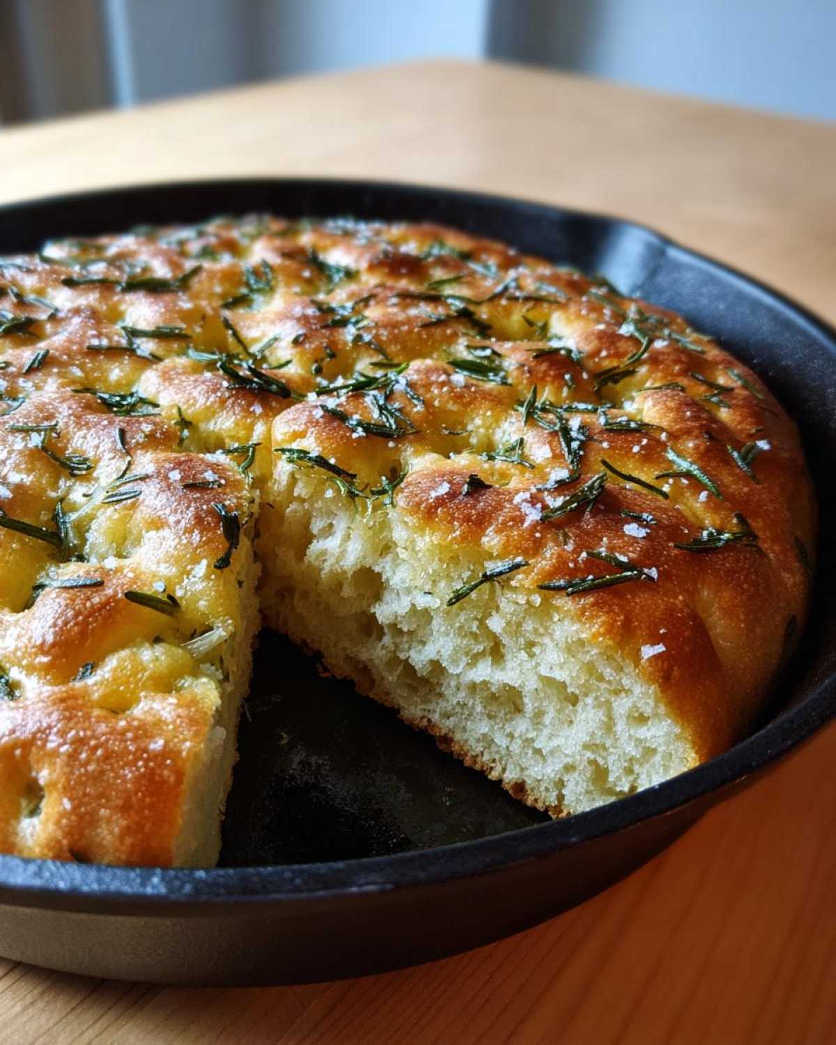 Close-up of No-Knead Skillet Focaccia with Rosemary, golden brown and topped with herbs and sea salt, in a cast iron skillet.