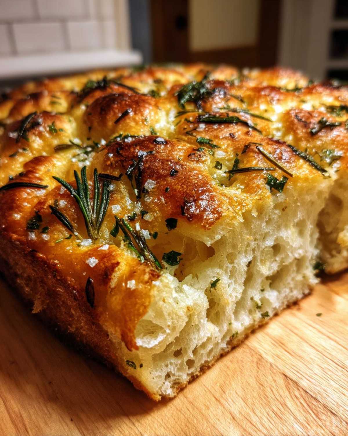 Close-up of a thick slice of golden-brown No-Knead Skillet Focaccia with Rosemary and coarse salt.