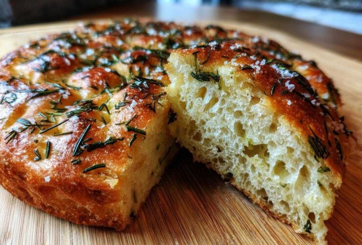 A piece of golden-brown No-Knead Skillet Focaccia with Rosemary, showing its airy interior texture, topped with herbs and sea salt.