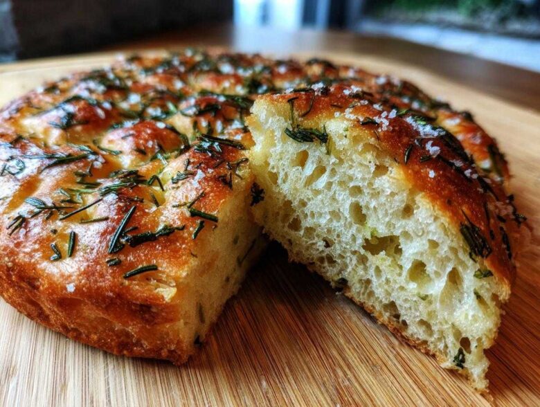 A piece of golden-brown No-Knead Skillet Focaccia with Rosemary, showing its airy interior texture, topped with herbs and sea salt.