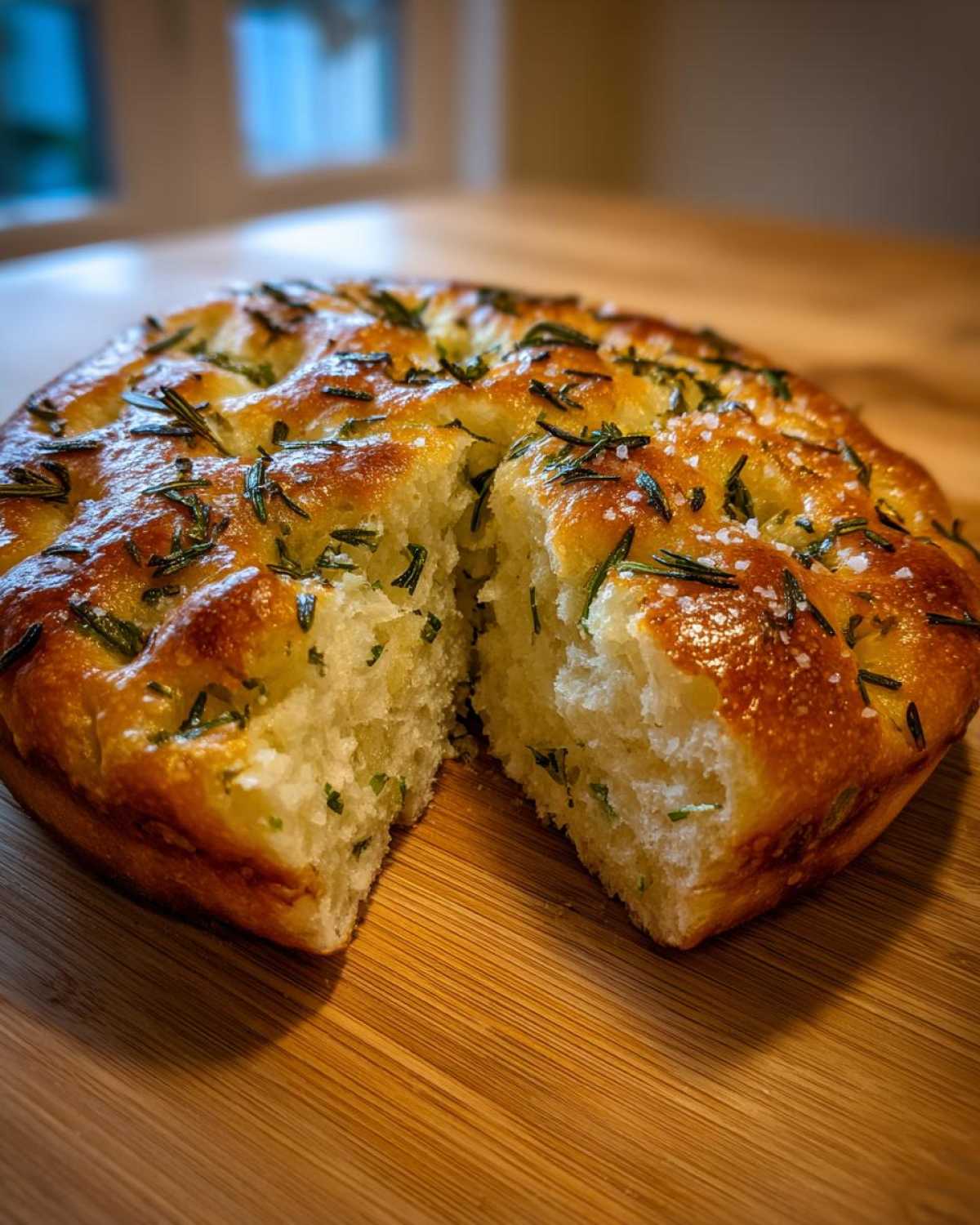 Close-up of a golden No-Knead Skillet Focaccia with Rosemary, cut in half to show the fluffy interior, topped with sea salt.