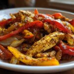 Close-up of seasoned chicken strips mixed with sautéed red and yellow peppers and onions, central to One-Pan Chicken Fajitas with Peppers and Onions.
