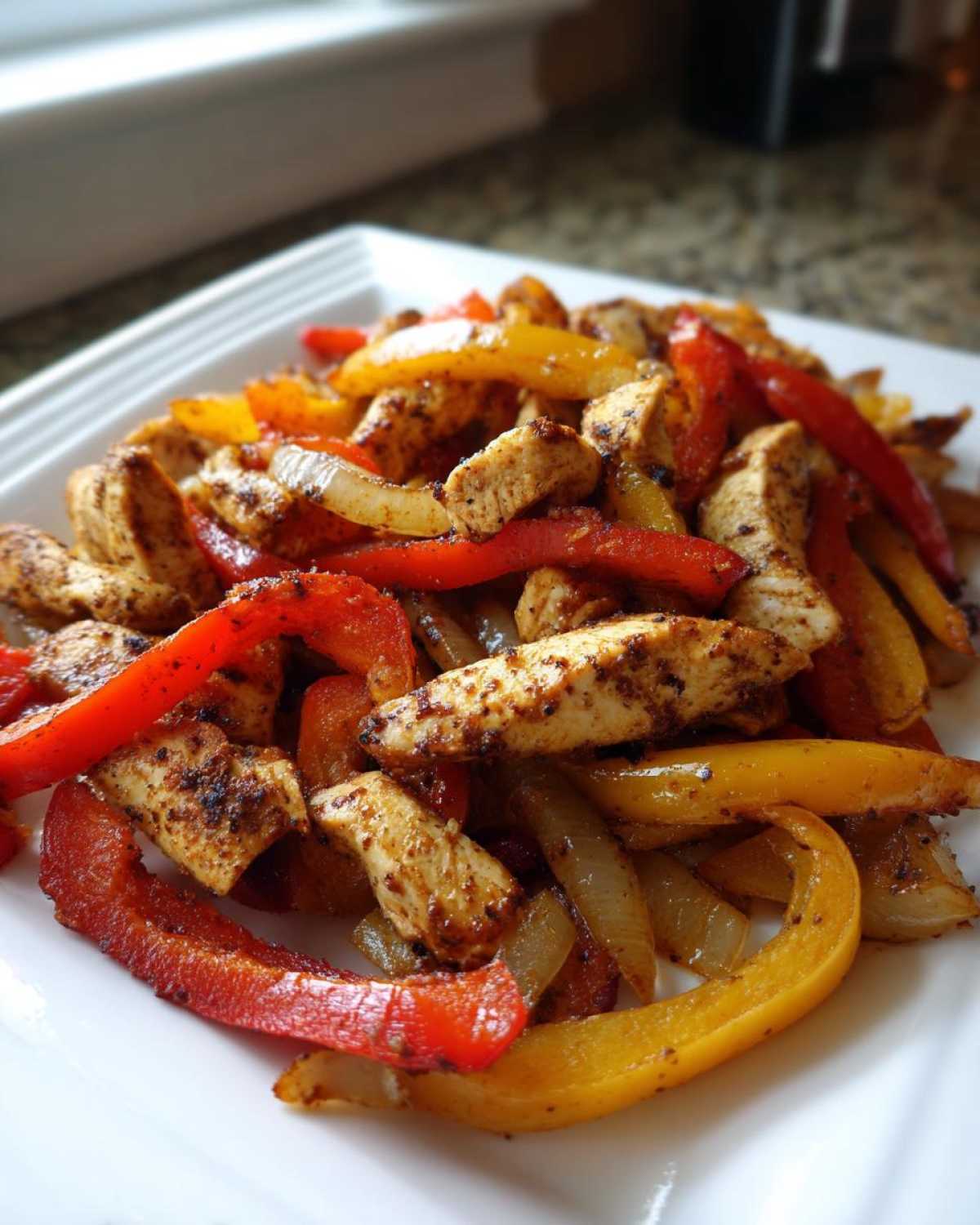 Close-up of seasoned chicken strips mixed with sautéed red and yellow peppers and onions for One-Pan Chicken Fajitas with Peppers and Onions.