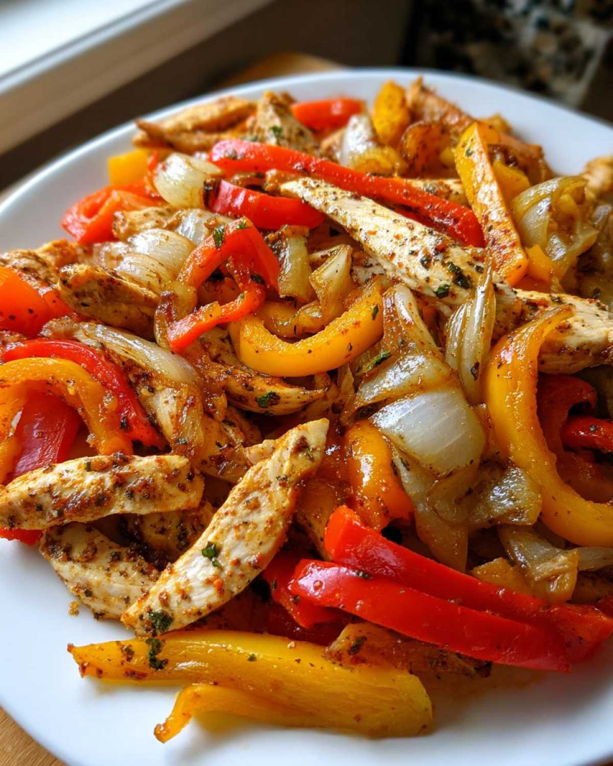 Close-up of seasoned chicken strips mixed with sautéed red, yellow peppers and onions for One-Pan Chicken Fajitas with Peppers and Onions.