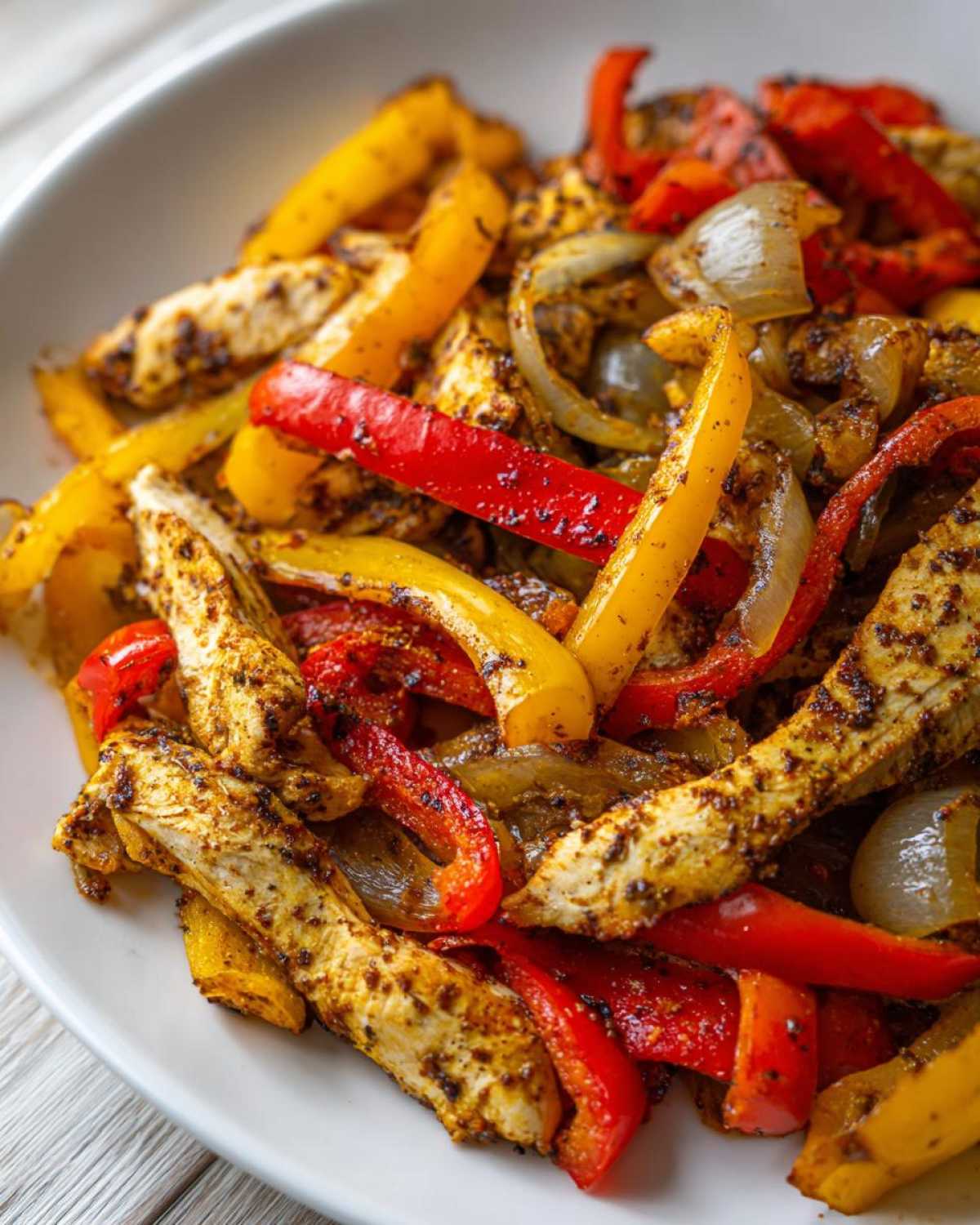 Close-up of seasoned chicken strips mixed with sautéed red and yellow bell peppers and onions for One-Pan Chicken Fajitas.