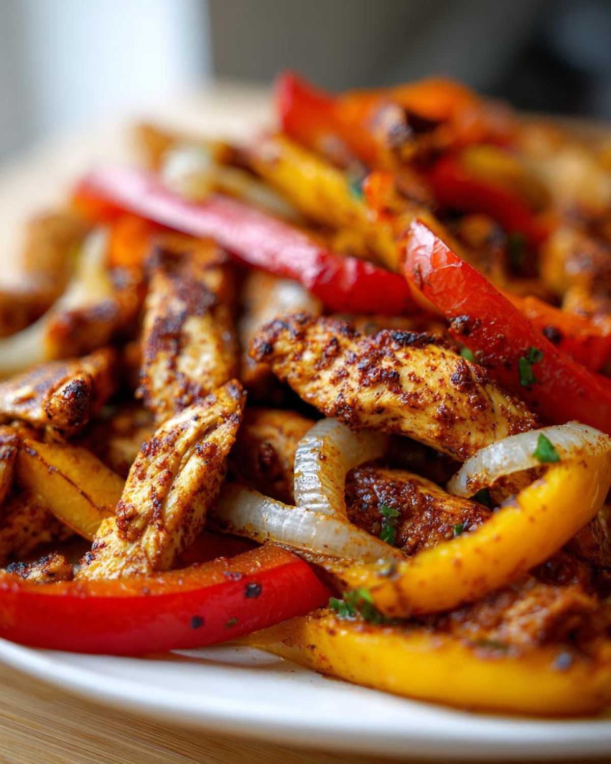 Close-up of seasoned chicken strips mixed with sautéed red and yellow peppers and onions for One-Pan Chicken Fajitas with Peppers and Onions.