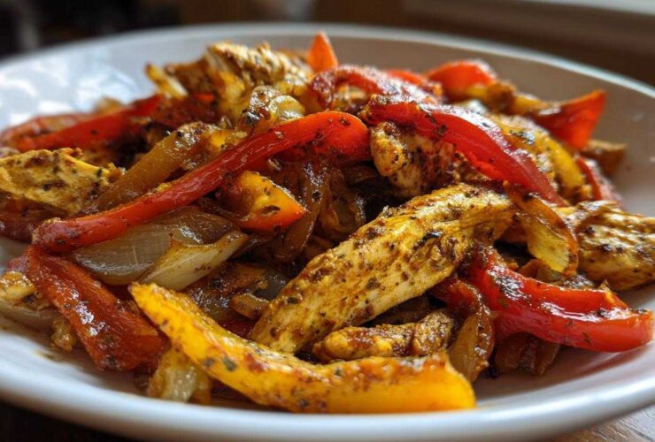 Close-up of seasoned chicken strips mixed with sautéed red and yellow peppers and onions, central to One-Pan Chicken Fajitas with Peppers and Onions.