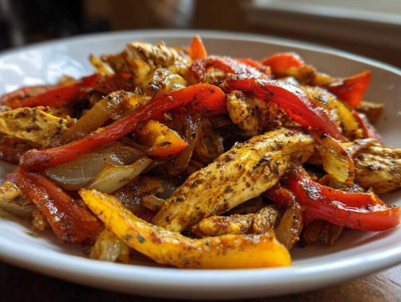 Close-up of seasoned chicken strips mixed with sautéed red and yellow peppers and onions, central to One-Pan Chicken Fajitas with Peppers and Onions.