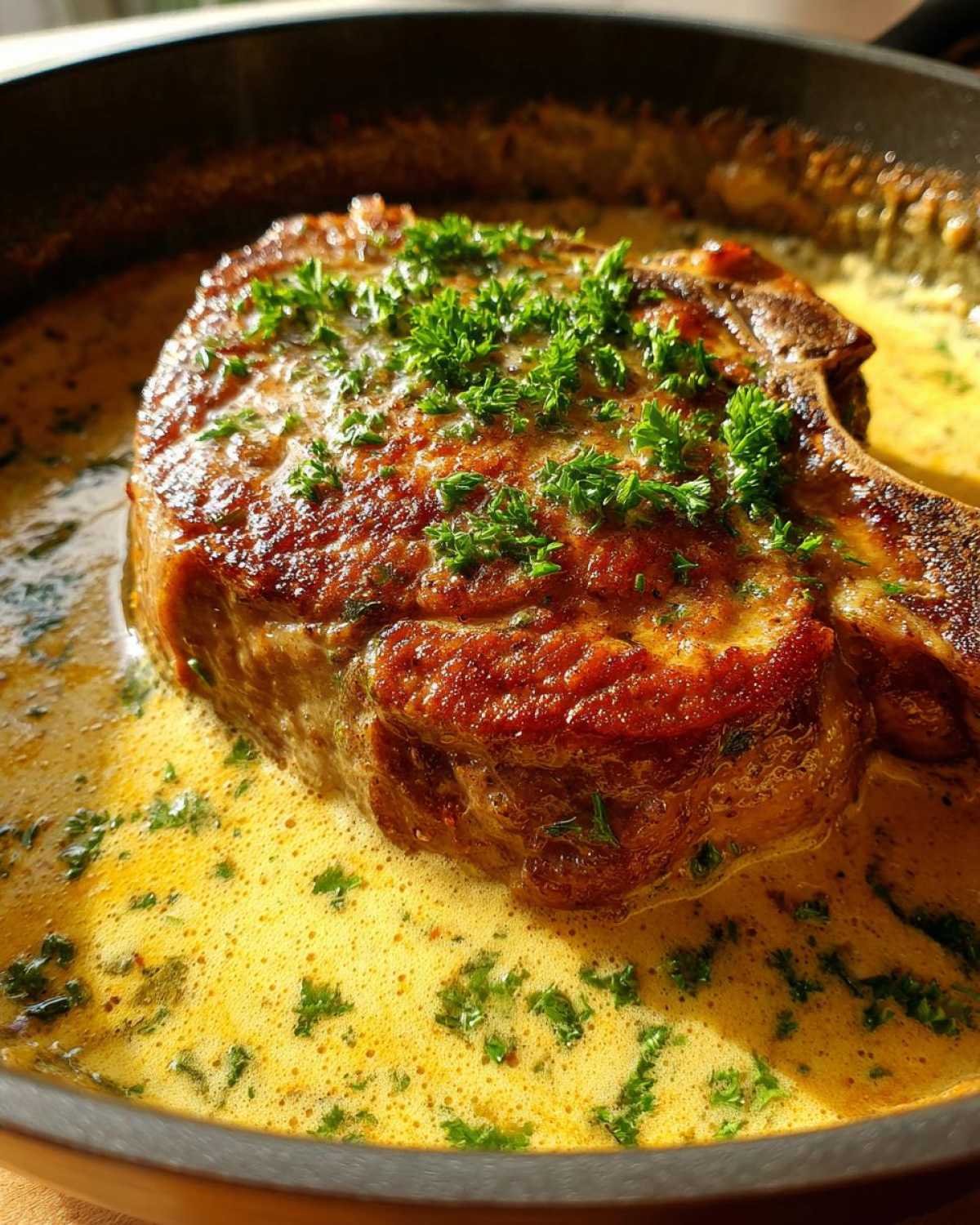 Close-up of a seared pork chop simmering in a rich, creamy garlic sauce, topped with fresh parsley.
