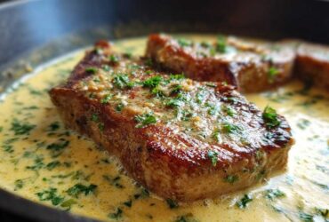 Close-up of seared pork chops simmering in a rich, creamy garlic sauce garnished with fresh parsley, perfect for One-Pan Creamy Garlic Pork Chops.