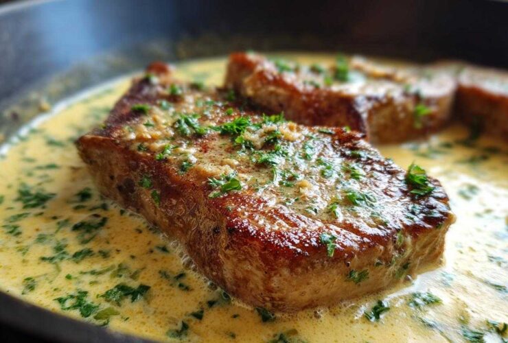 Close-up of seared pork chops simmering in a rich, creamy garlic sauce garnished with fresh parsley, perfect for One-Pan Creamy Garlic Pork Chops.