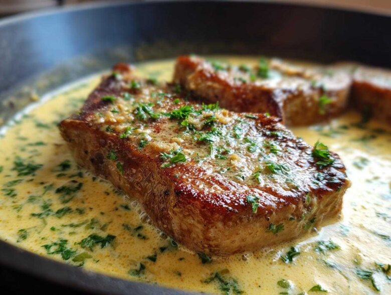 Close-up of seared pork chops simmering in a rich, creamy garlic sauce garnished with fresh parsley, perfect for One-Pan Creamy Garlic Pork Chops.