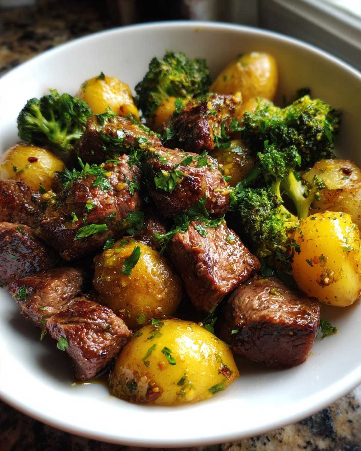 Close-up of One-Pan Garlic Butter Steak Bites and Potatoes mixed with bright green broccoli florets.