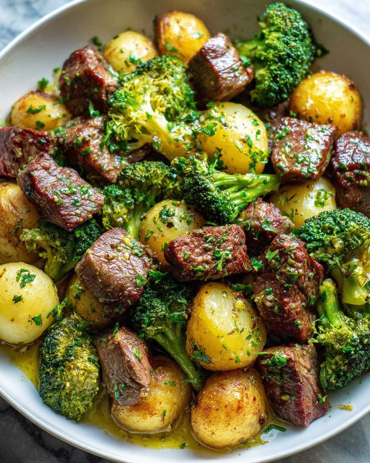 Close-up of One-Pan Garlic Butter Steak Bites and Potatoes mixed with bright green broccoli florets.