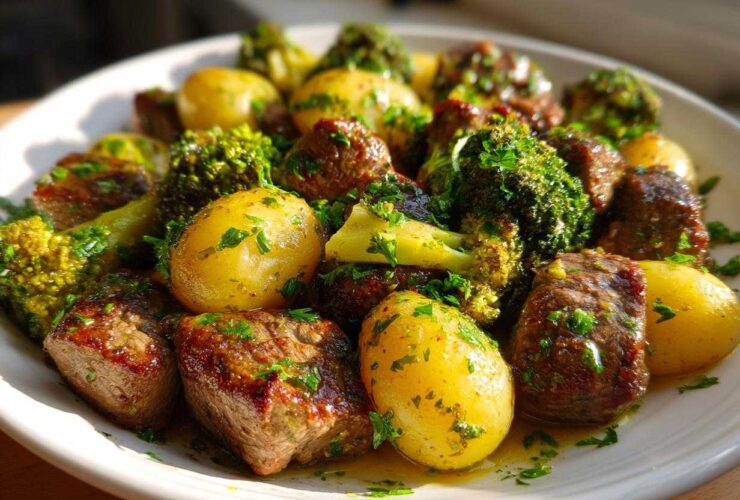 Close-up of One-Pan Garlic Butter Steak Bites and Potatoes mixed with broccoli florets, drizzled with garlic butter sauce.