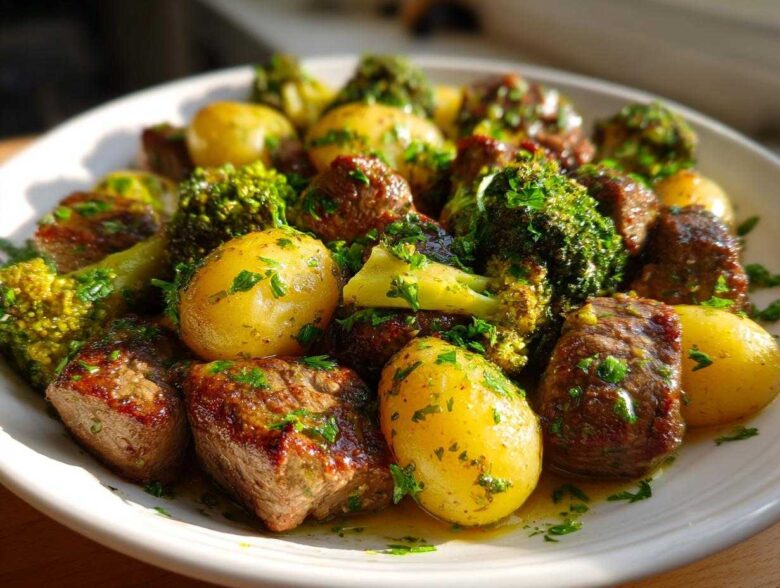 Close-up of One-Pan Garlic Butter Steak Bites and Potatoes mixed with broccoli florets, drizzled with garlic butter sauce.