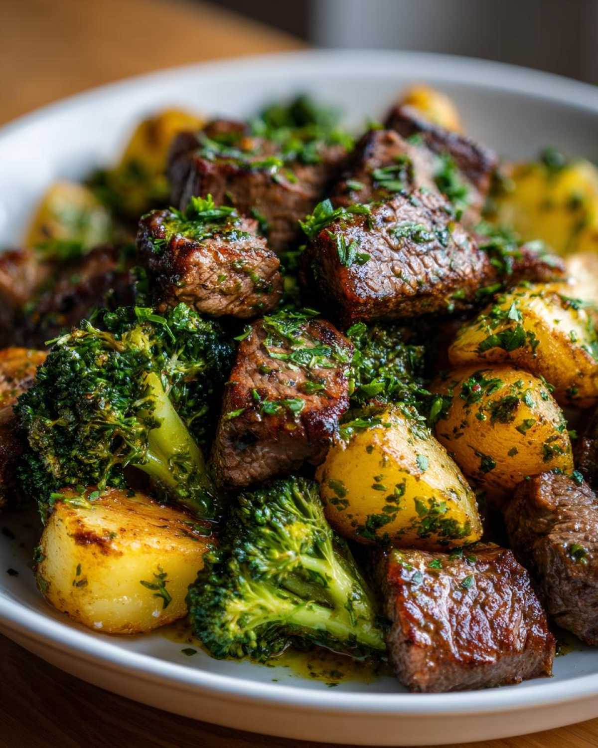 Close-up of seared steak bites, roasted potatoes, and broccoli coated in garlic butter sauce, part of the One-Pan Garlic Butter Steak Bites and Potatoes.