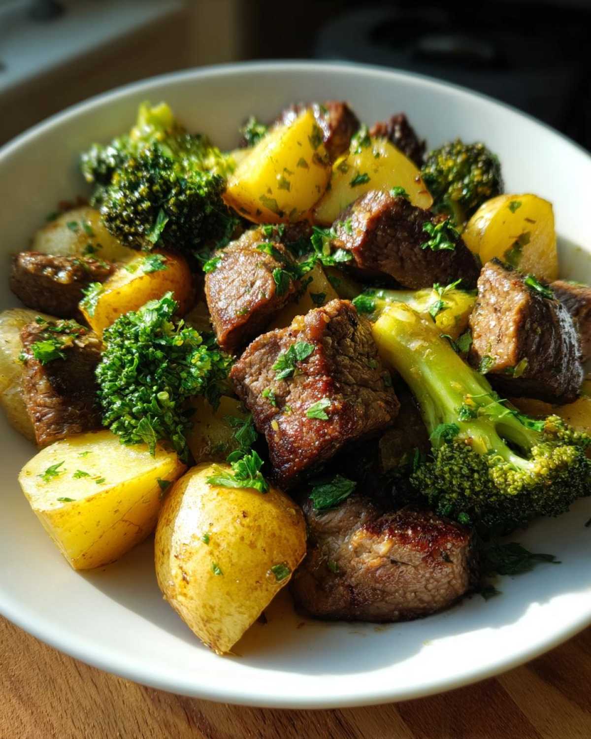 A close-up of One-Pan Garlic Butter Steak Bites and Potatoes mixed with bright green broccoli florets, garnished with parsley.