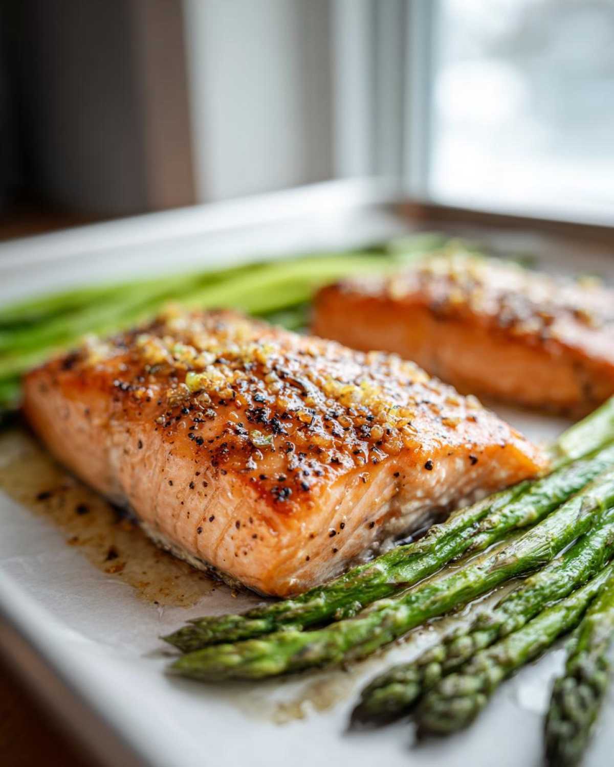 Close-up of a perfectly cooked fillet of One-Pan Lemon Garlic Salmon with asparagus spears on a baking sheet.