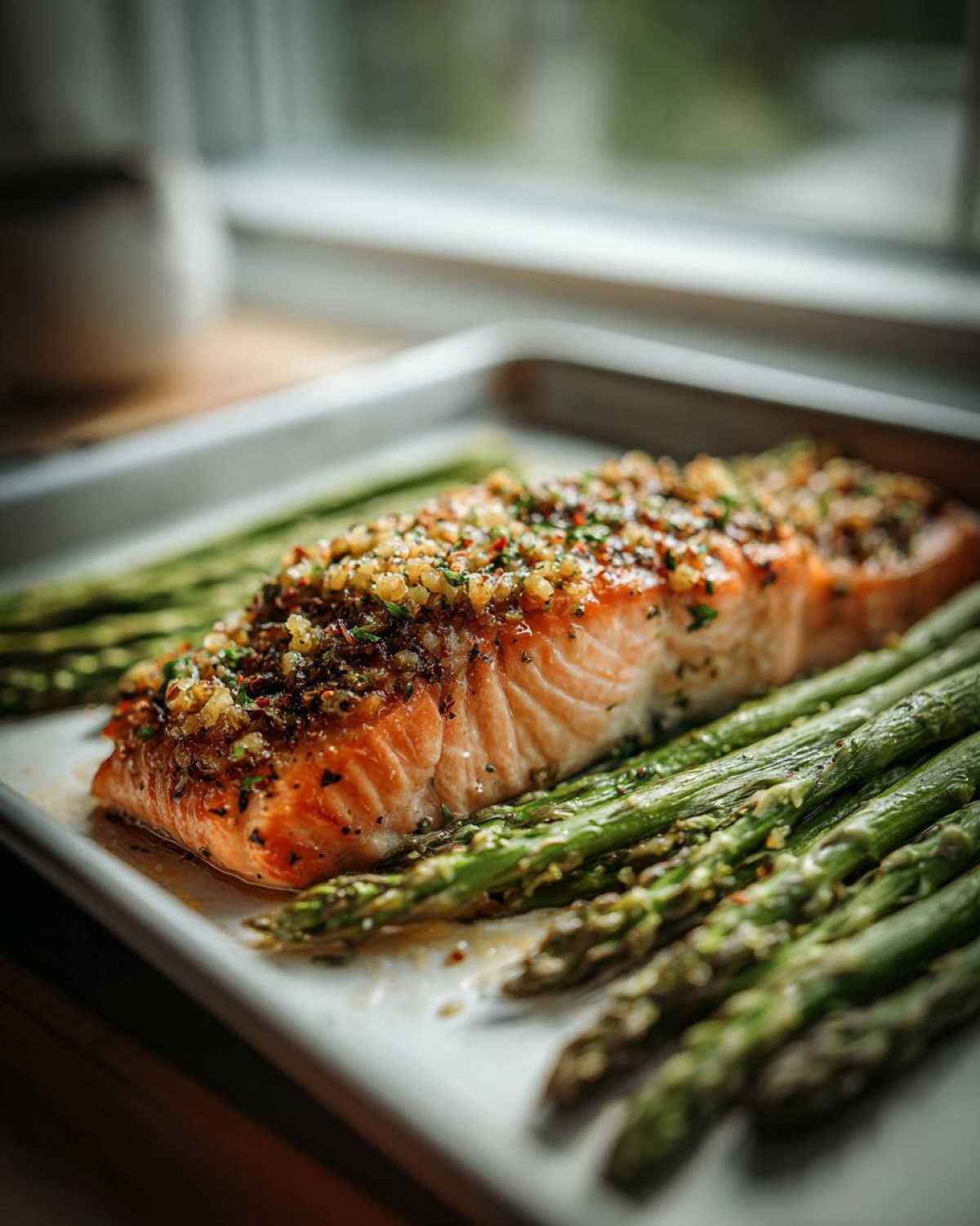 Close-up of a perfectly cooked fillet of One-Pan Lemon Garlic Salmon with Asparagus on a baking sheet.