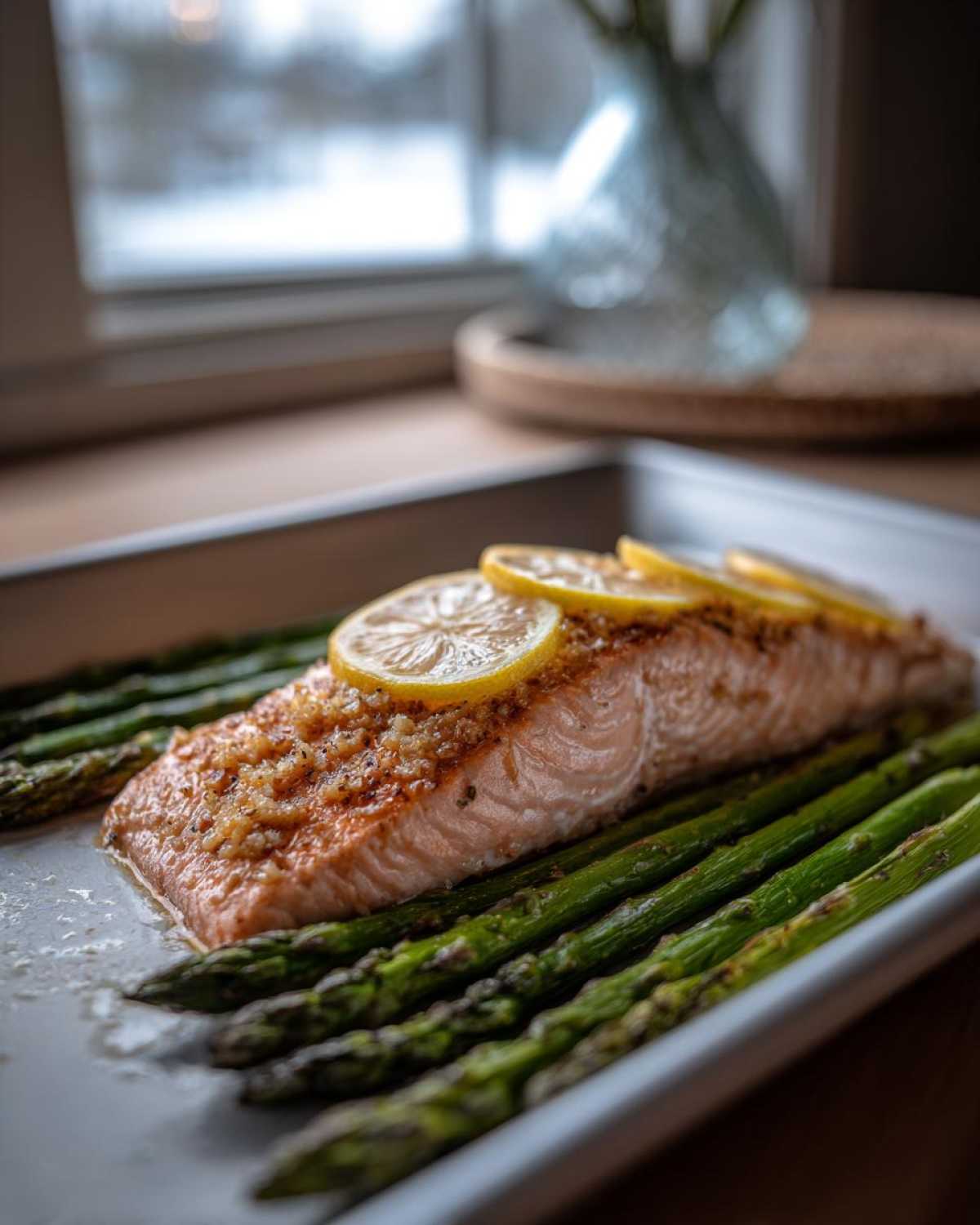 Close-up of One-Pan Lemon Garlic Salmon with Asparagus topped with lemon slices on a baking sheet.
