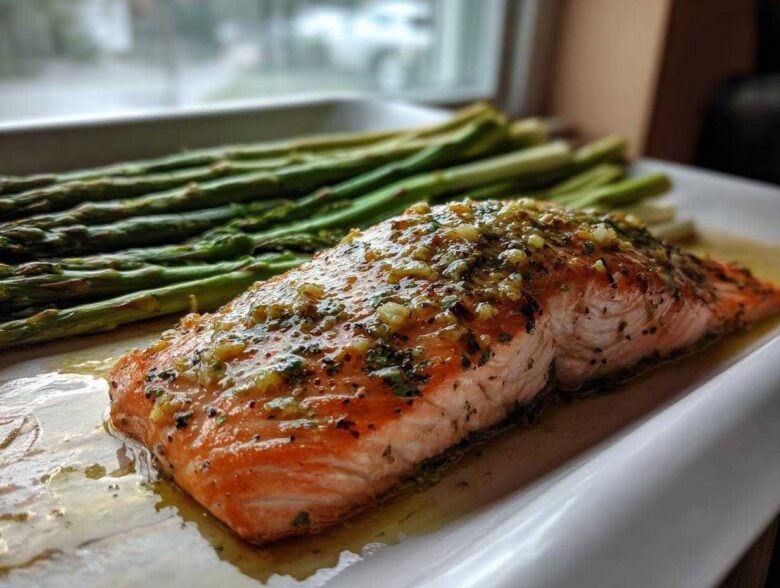 A perfectly cooked fillet of One-Pan Lemon Garlic Salmon topped with herbs, next to roasted asparagus spears.