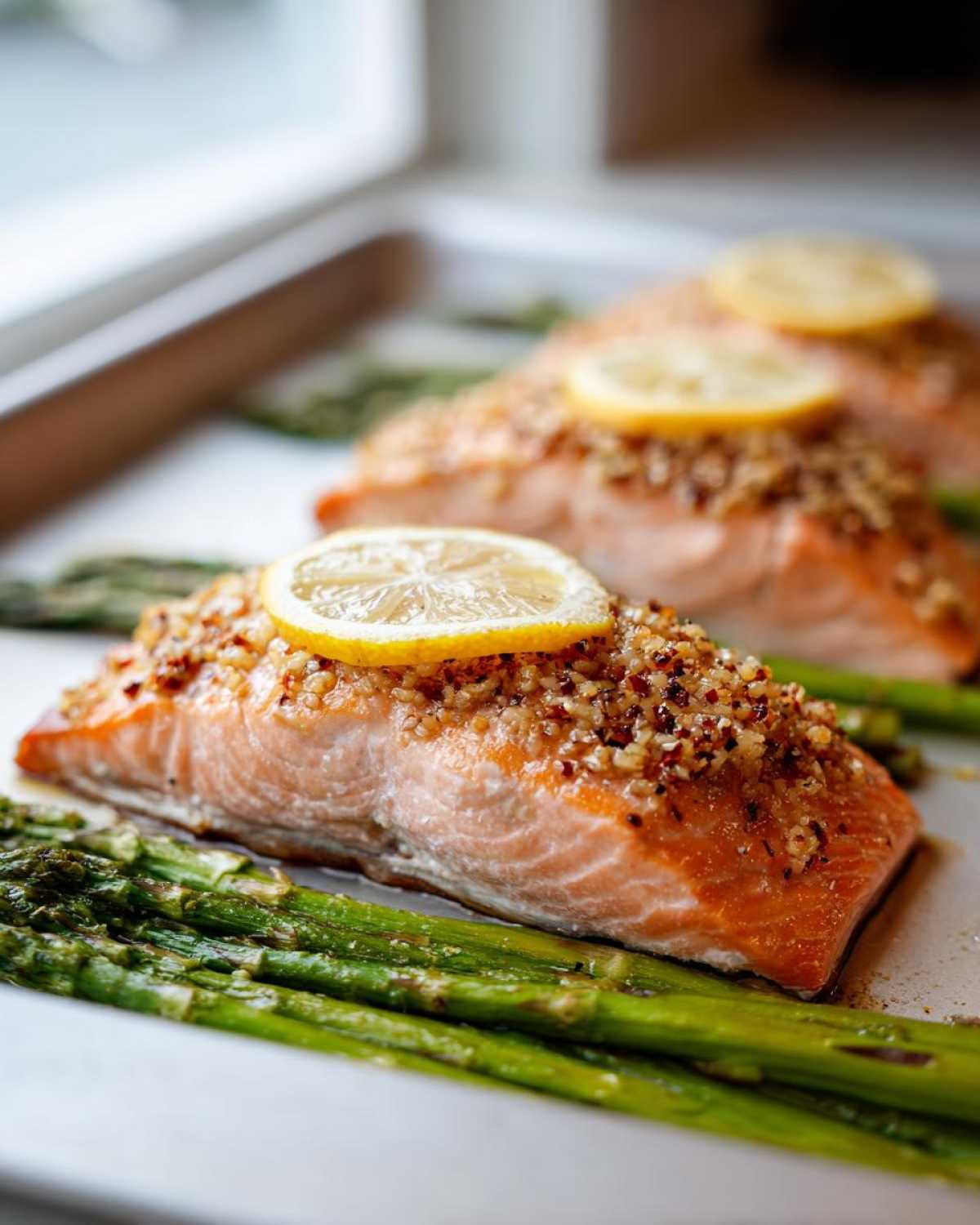 Close-up of a baked fillet of One-Pan Lemon Garlic Salmon with asparagus spears on a baking sheet.