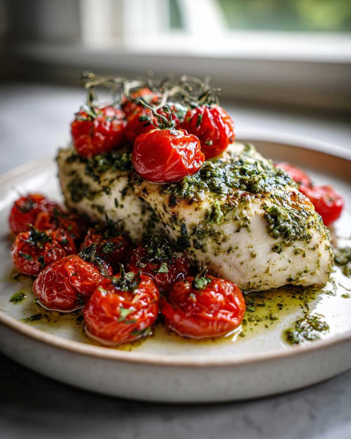 A close-up of One-Pan Pesto Chicken topped with roasted cherry tomatoes on the vine.
