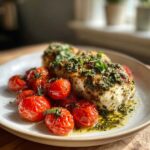 Juicy One-Pan Pesto Chicken breast served alongside blistered cherry tomatoes on a light plate.