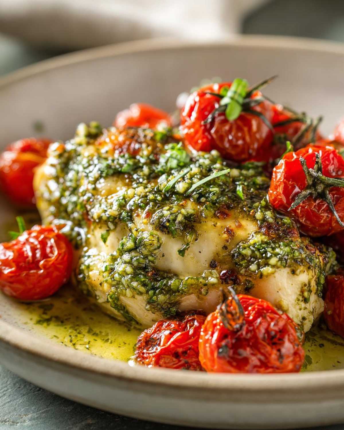 A juicy chicken breast topped generously with bright green pesto and surrounded by roasted cherry tomatoes, part of the One-Pan Pesto Chicken recipe.