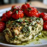 A close-up of a juicy piece of One-Pan Pesto Chicken with Tomatoes, generously topped with green pesto sauce.