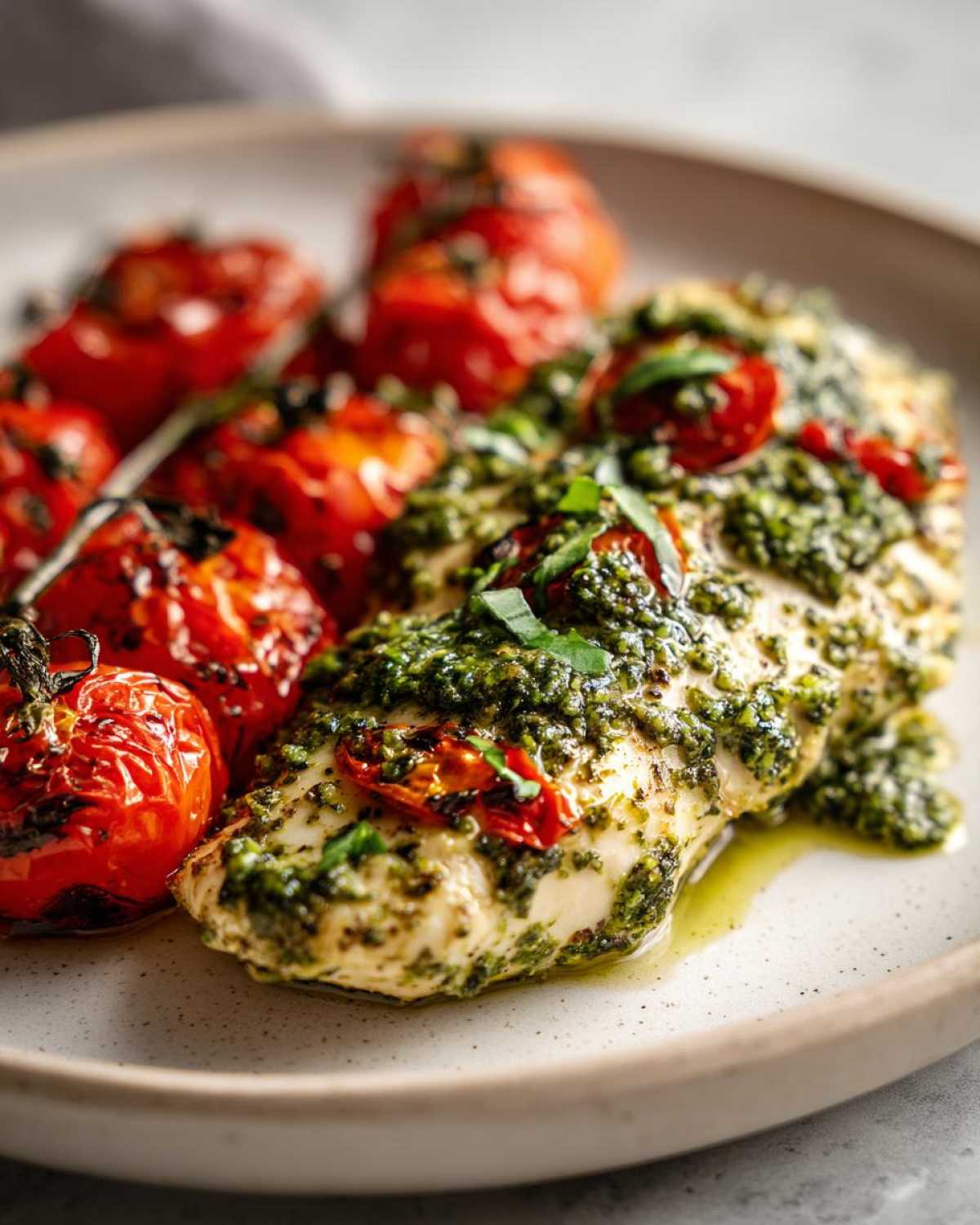 A juicy chicken breast topped generously with vibrant green pesto and served alongside roasted vine tomatoes, illustrating One-Pan Pesto Chicken.