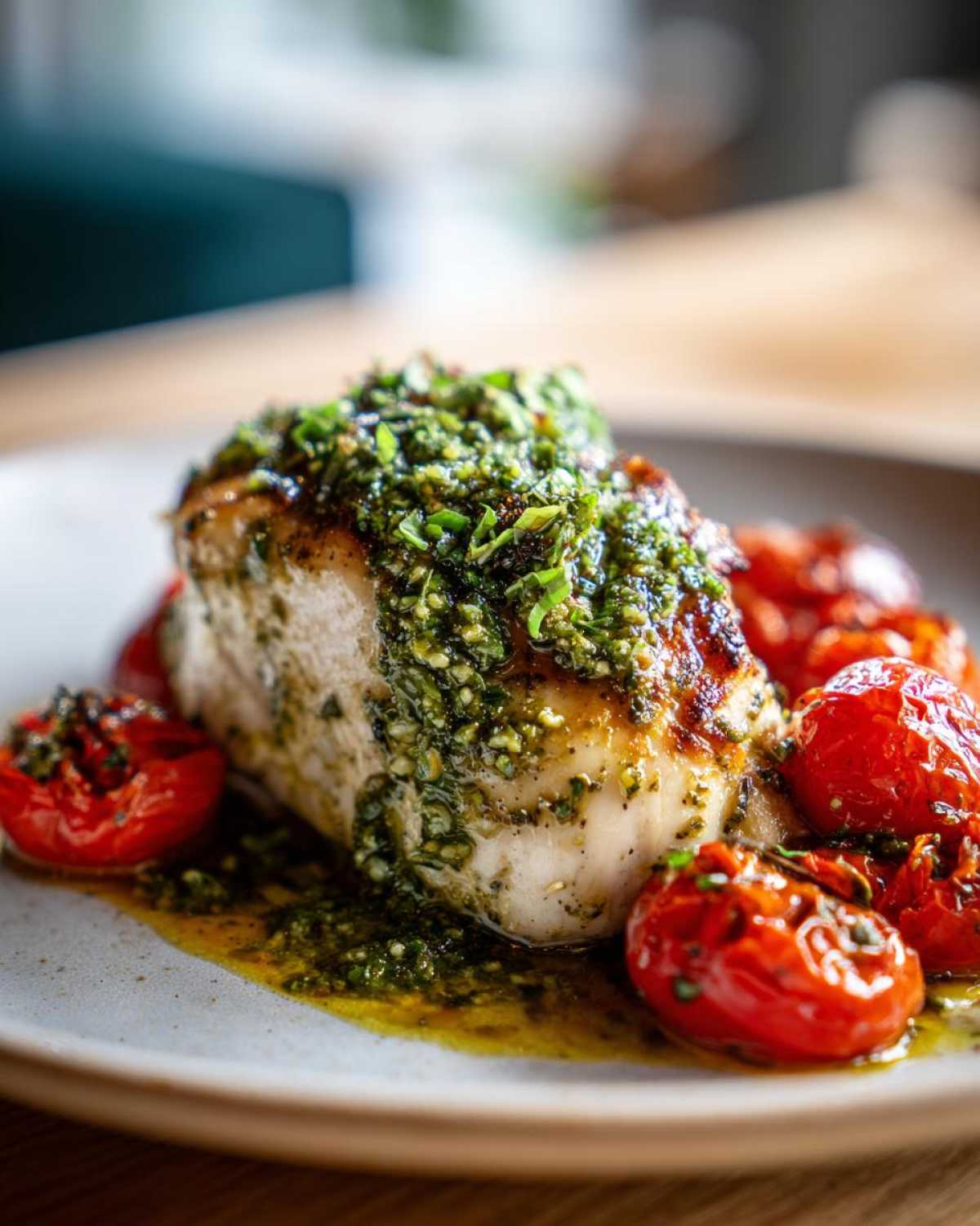 Close-up of a perfectly cooked piece of One-Pan Pesto Chicken topped with vibrant green pesto and surrounded by roasted cherry tomatoes.