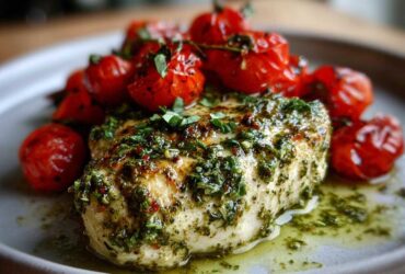 A close-up of a juicy piece of One-Pan Pesto Chicken with Tomatoes, generously topped with green pesto sauce.