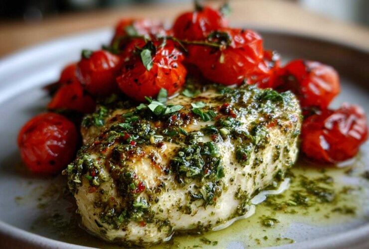 A close-up of a juicy piece of One-Pan Pesto Chicken with Tomatoes, generously topped with green pesto sauce.