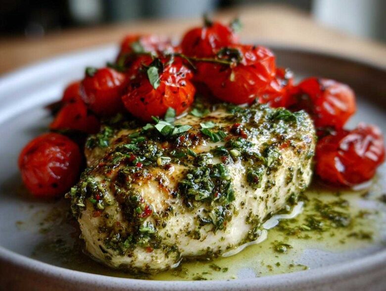 A close-up of a juicy piece of One-Pan Pesto Chicken with Tomatoes, generously topped with green pesto sauce.