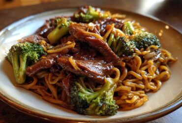 Close-up of savory One-Pot Beef and Broccoli Ramen Noodles coated in a rich brown sauce on a plate.